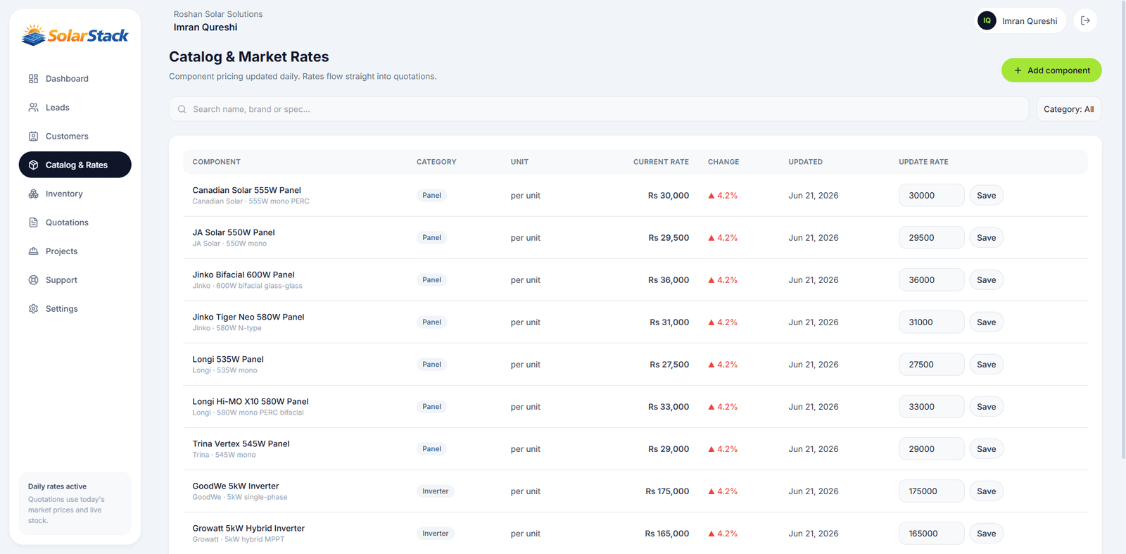SolarStack — Catalog with daily market rates